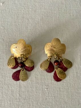 Elegant Gold and Red Dangle Pierced Earrings